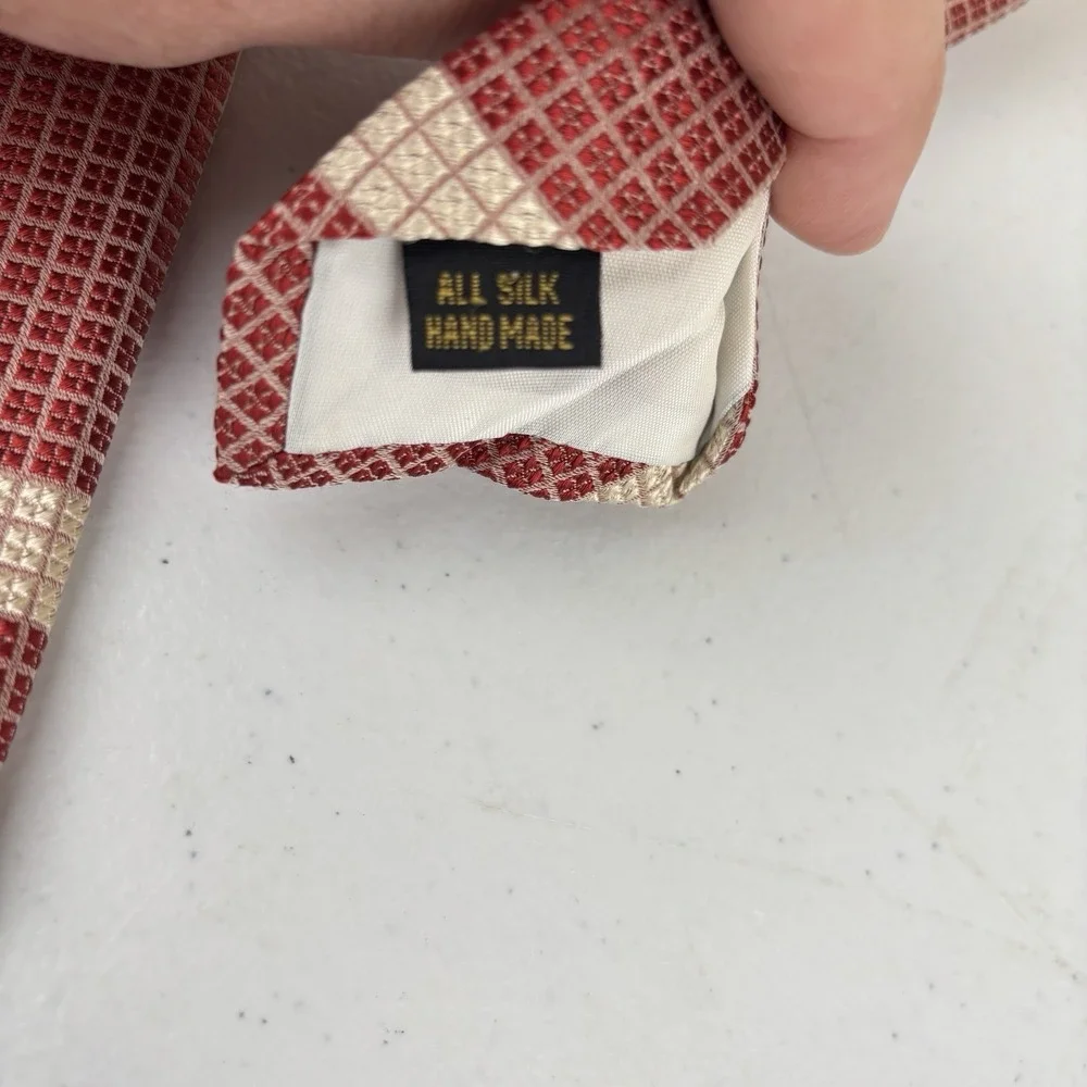 Ben Silver Charleston English Silk Tie‎ Necktie Burgundy Beige Stripe Geometric